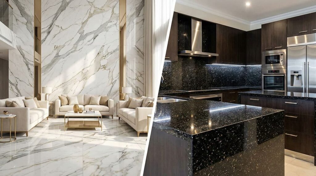 Đá Cẩm Thạch (Marble) Và Granite: Bản Giao Hưởng Của Những Đường Vân Tự Nhiên 1 so sanh da cam thach marble va da hoa cuong granite 1